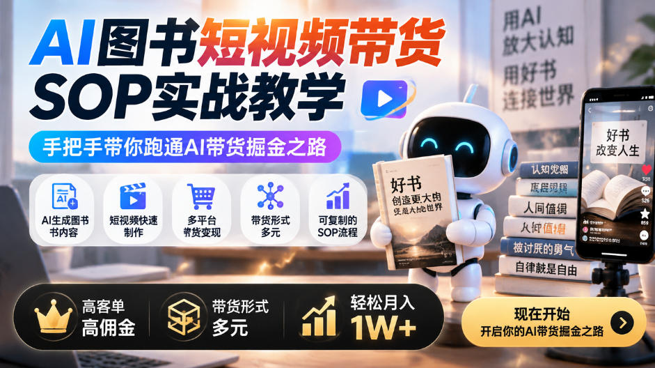 AI图书短视频带货SOP实战教学,手把手带你跑通AI带货掘金之路,高客单高佣金,带货形式多元,轻松月入1W+-智富思维学堂