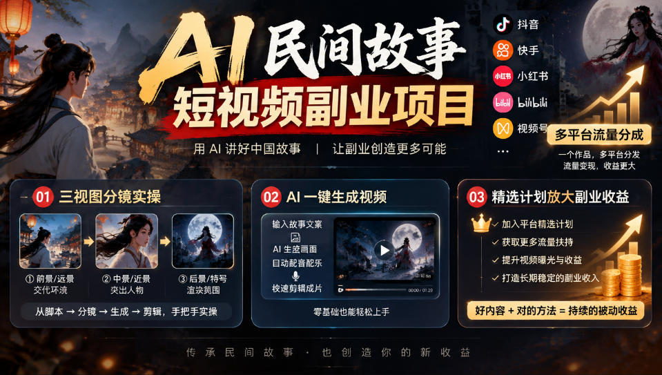 AI民间故事短视频副业项目,多平台流量分成,三视图分镜实操,精选计划放大副业收益-智富思维学堂