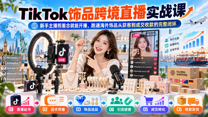 TikTok饰品跨境直播实战课,新手主播照着念就能开播,跑通海外饰品从获客到成交收款的完整闭环-智富思维学堂