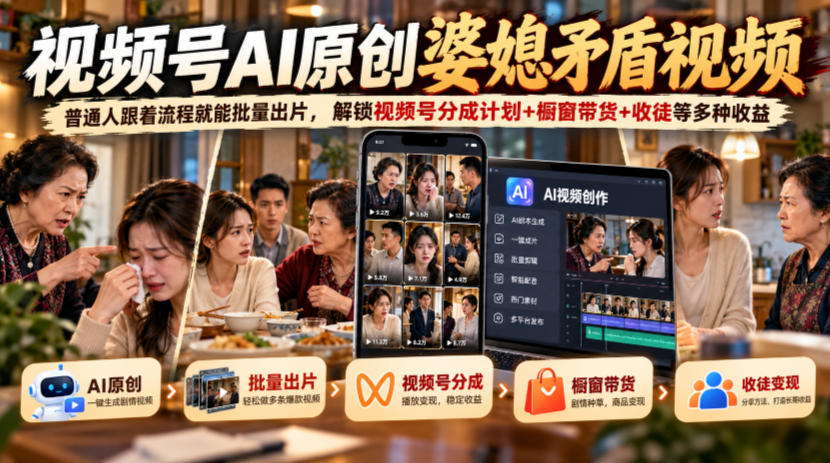视频号ai原创婆媳矛盾视频，普通人跟着流程就能批量出片，解锁视频号分成计划+橱窗带货+收徒等多种收益-智富思维学堂