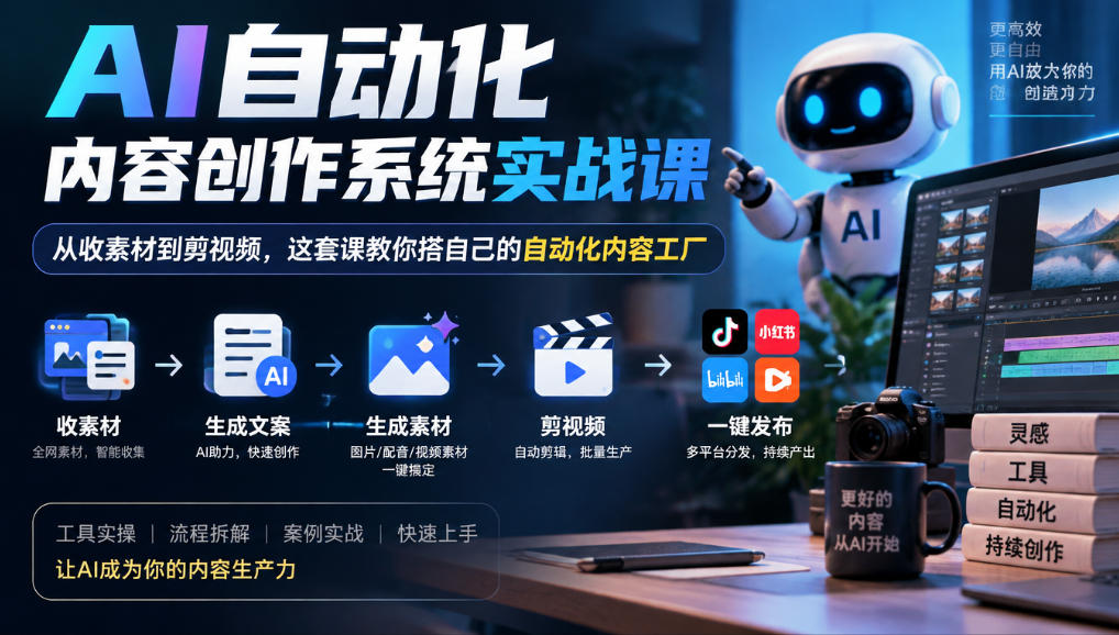 AI自动化内容创作系统实战课,从收素材到剪视频,这套课教你搭自己的自动化内容工厂-智富思维学堂