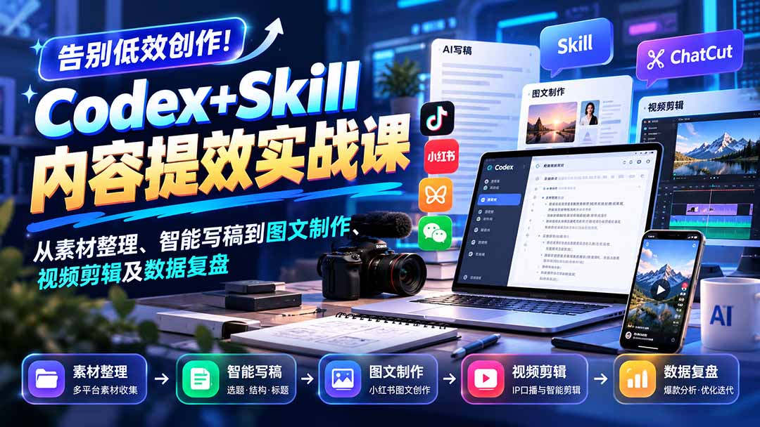 【无水印】告别低效创作!Codex+Skill内容提效实战课:从素材整理、智能写稿到图文制作、视频剪辑及数据复盘-智富思维学堂