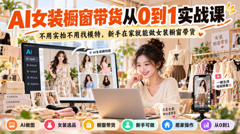 AI女装橱窗带货从0到1实战课,不用实拍不用找模特,新手在家就能做女装橱窗带货-智富思维学堂