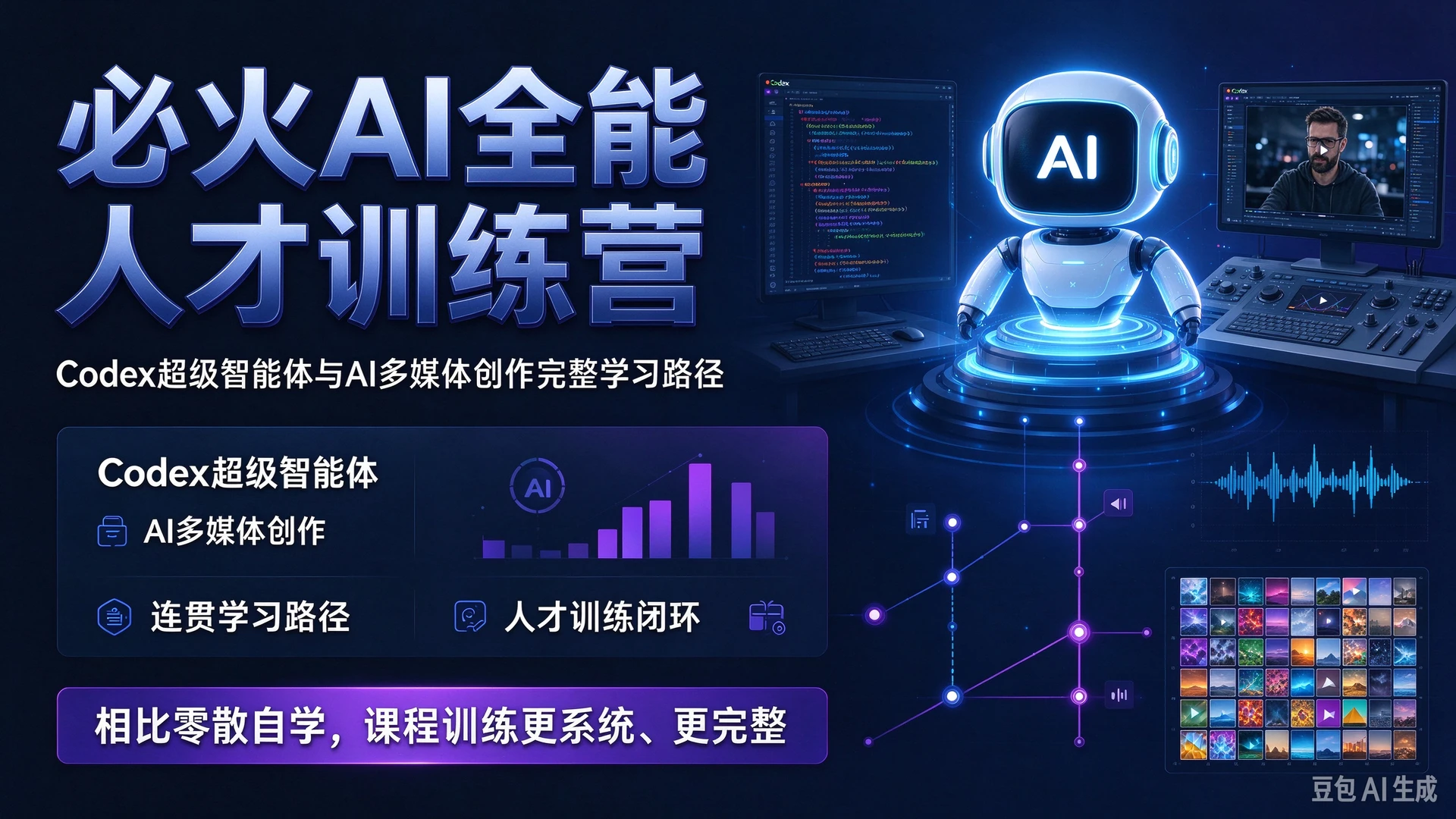 【精】必火AI全能人才训练营,课程模块覆盖Codex超级智能体与AI多媒体创作,相比零散自学拥有连贯完整的学习路径-智富思维学堂