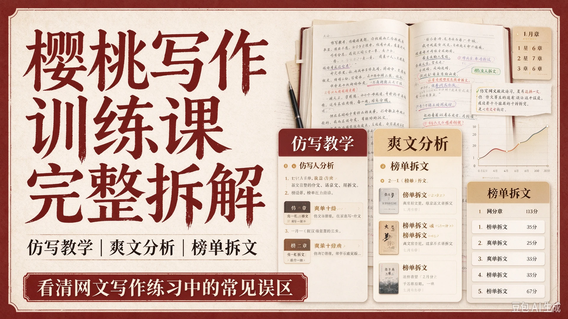 【精】樱桃写作训练课完整拆解,包含仿写教学、爽文分析与榜单拆文,帮写作者看清网文写作练习中的常见误区-智富思维学堂