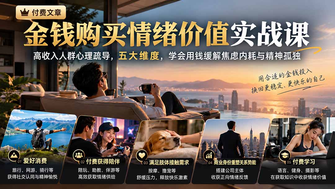 付费文章:金钱购买情绪价值实战课|高收入人群心理疏导,五大维度,学会用钱缓解焦虑内耗与精神孤独-智富思维学堂