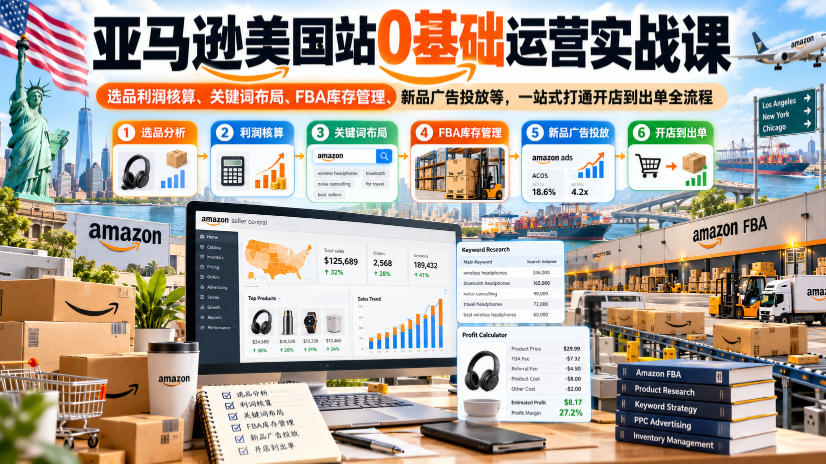 亚马逊美国站0基础运营实战课|选品利润核算、关键词布局、FBA库存管理、新品广告投放等,一站式打通开店到出单全流程-智富思维学堂