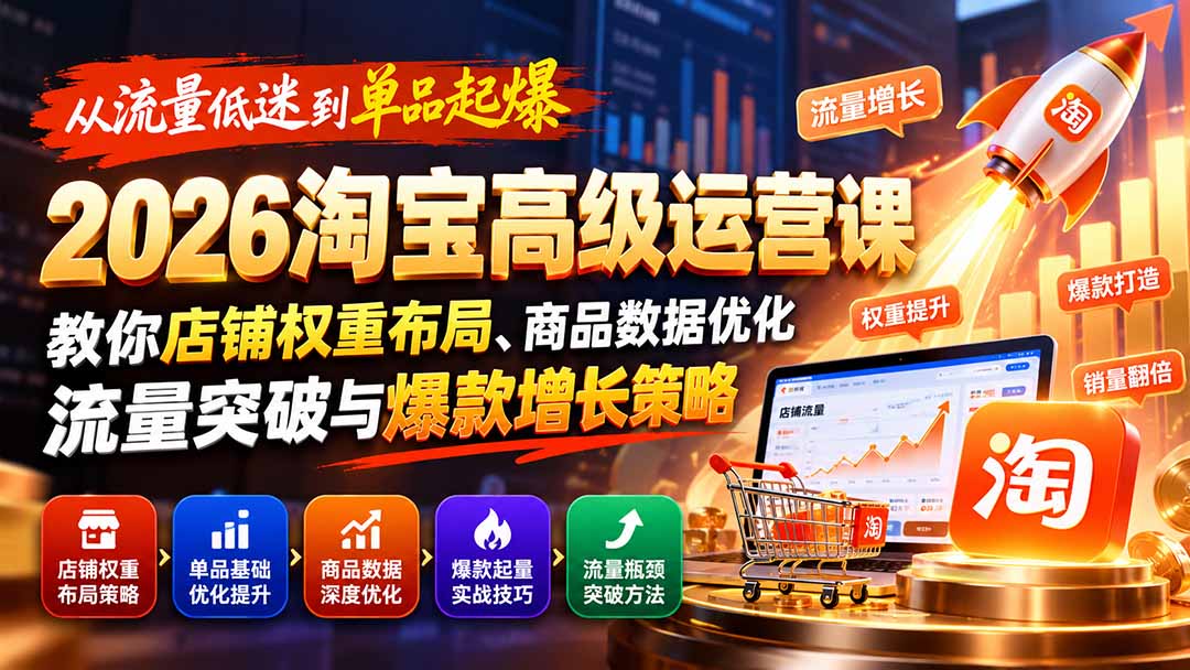 从流量低迷到单品起爆:2026淘宝高级运营课教你店铺权重布局、商品数据优化、流量突破与爆款增长策略-智富思维学堂