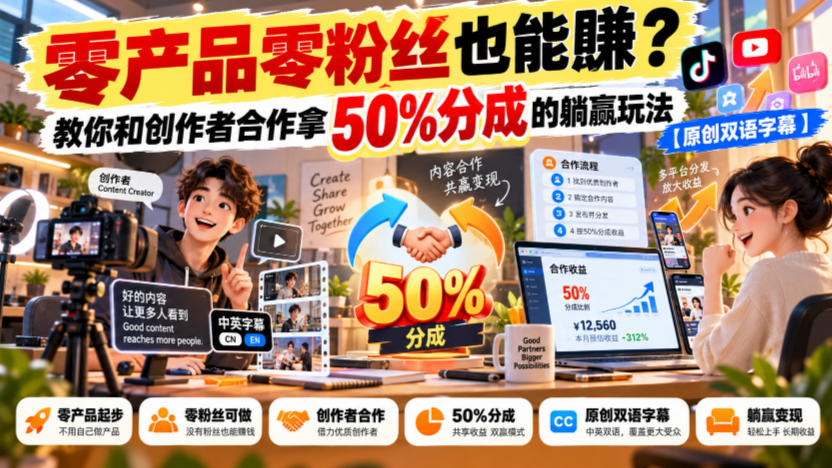【无水印】零产品零粉丝也能賺?教你和创作者合作拿50%分成的躺赢玩法【原创双语字幕】-智富思维学堂