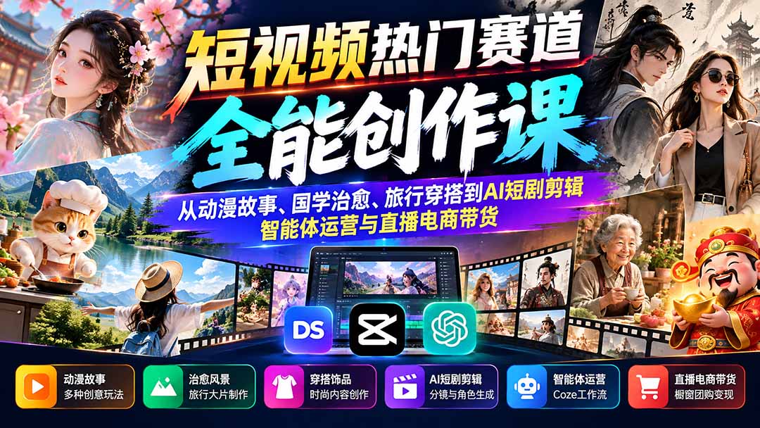 短视频热门赛道全能创作课:从动漫故事、国学治愈、旅行穿搭到AI短剧剪辑、智能体运营与直播电商带货-智富思维学堂