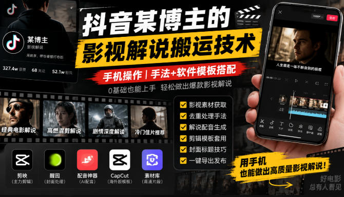 抖音某博主的影视解说搬运技术，手机操作，手法+软件模板搭配-智富思维学堂