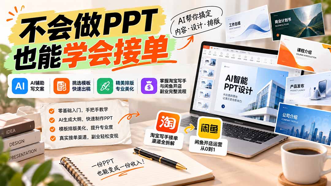 不会做PPT也能学会接单:AI辅助写文案、挑模板、做排版,掌握淘宝写手与闲鱼开店副业完整流程-智富思维学堂