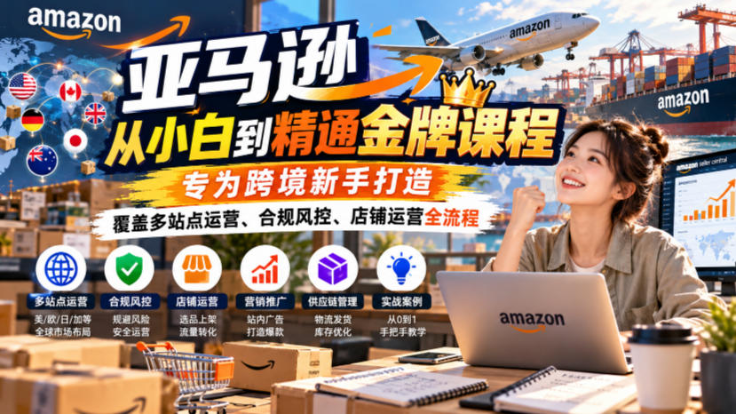 亚马逊从小白到精通金牌课程,专为跨境新手打造,覆盖多站点运营、合规风控、店铺运营全流程-智富思维学堂