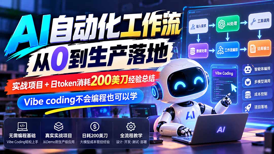 【无水印】AI自动化工作流从0到生产落地,实战项目+日token消耗200美刀经验总结,Vibe coding不会编程也可以学-智富思维学堂