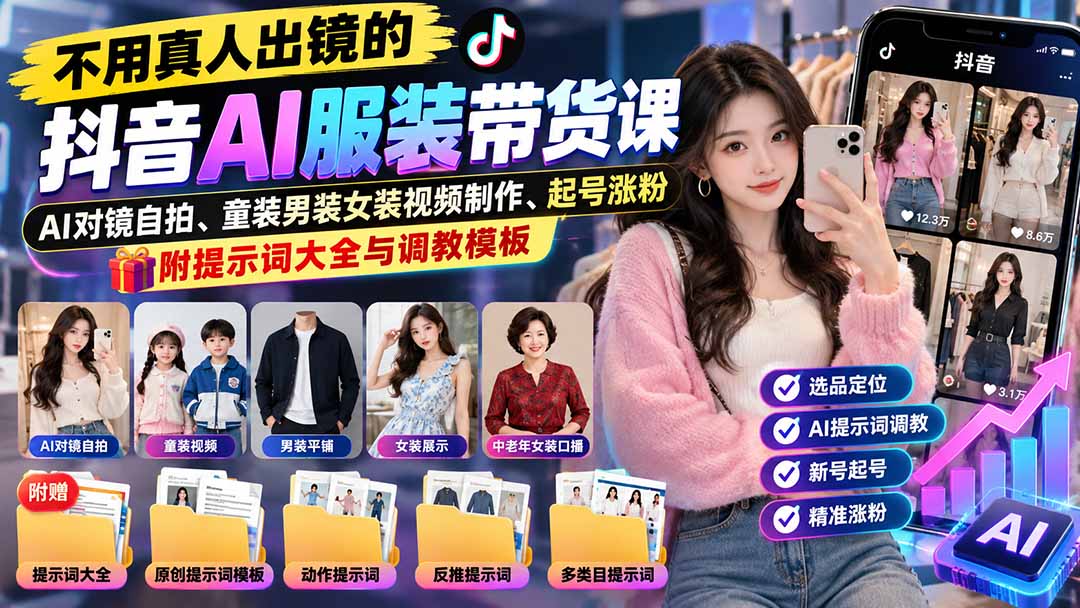 图片[2]-不用真人出镜的抖音AI服装带货课：AI对镜自拍、童装男装女装视频制作、起号涨粉，附提示词大全与调教模板-智富思维学堂