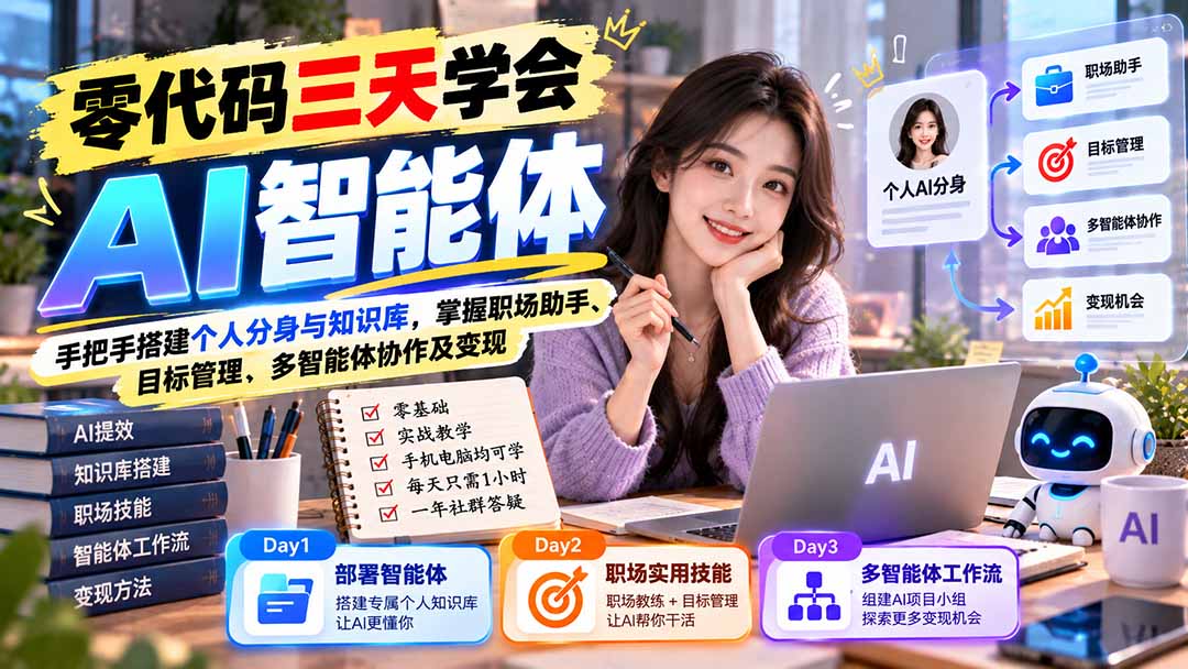 【无水印】零代码三天学会AI智能体:手把手搭建个人分身与知识库,掌握职场助手、目标管理、多智能体协作及变现-智富思维学堂