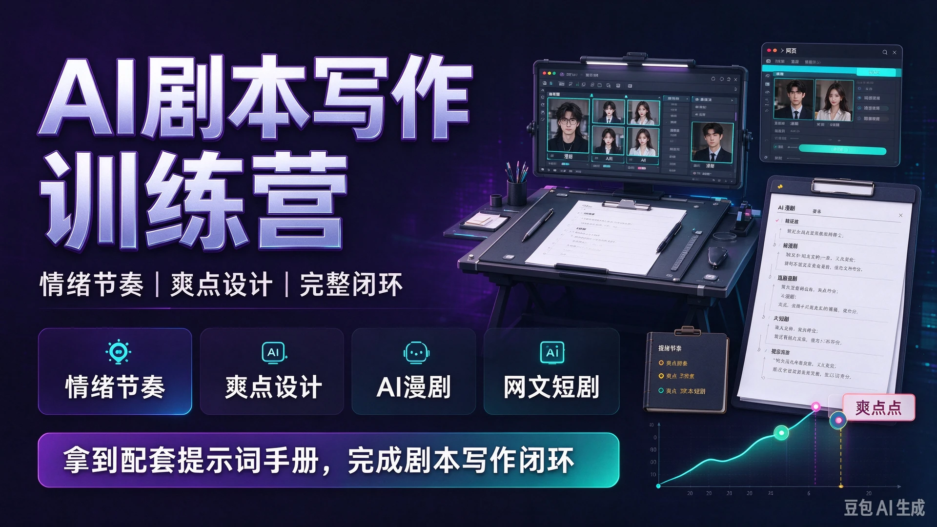 【精】AI剧本写作训练营，带你学习剧本情绪节奏与爽点设计，掌握AI漫剧、网文与短剧创作方法，拿到配套提示词手册完成剧本写作闭环-智富思维学堂