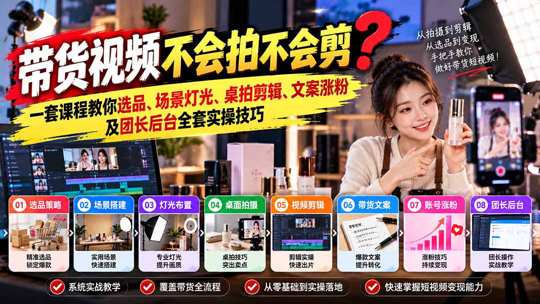 图片[2]-带货视频不会拍不会剪？一套课程教你选品、场景灯光、桌拍剪辑、文案涨粉及团长后台全套实操技巧  复制标题-智富思维学堂