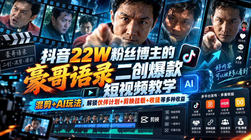 抖音22W粉丝博主的豪哥语录二创爆款短视频教学,混剪+AI玩法,解锁伙伴计划+剪映挂载+收徒等多种收益-智富思维学堂