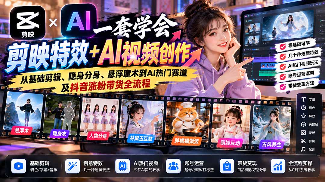 一套学会剪映特效+AI视频创作：从基础剪辑、隐身分身、悬浮魔术到AI热门赛道及抖音涨粉带货全流程-智富思维学堂