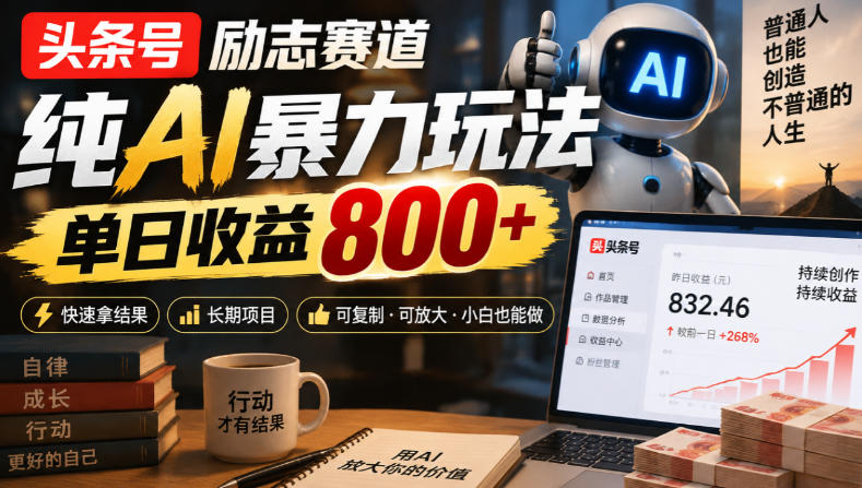 头条号励志赛道,纯AI暴力玩法,单日收益800+,快速拿结果,长期项目-智富思维学堂