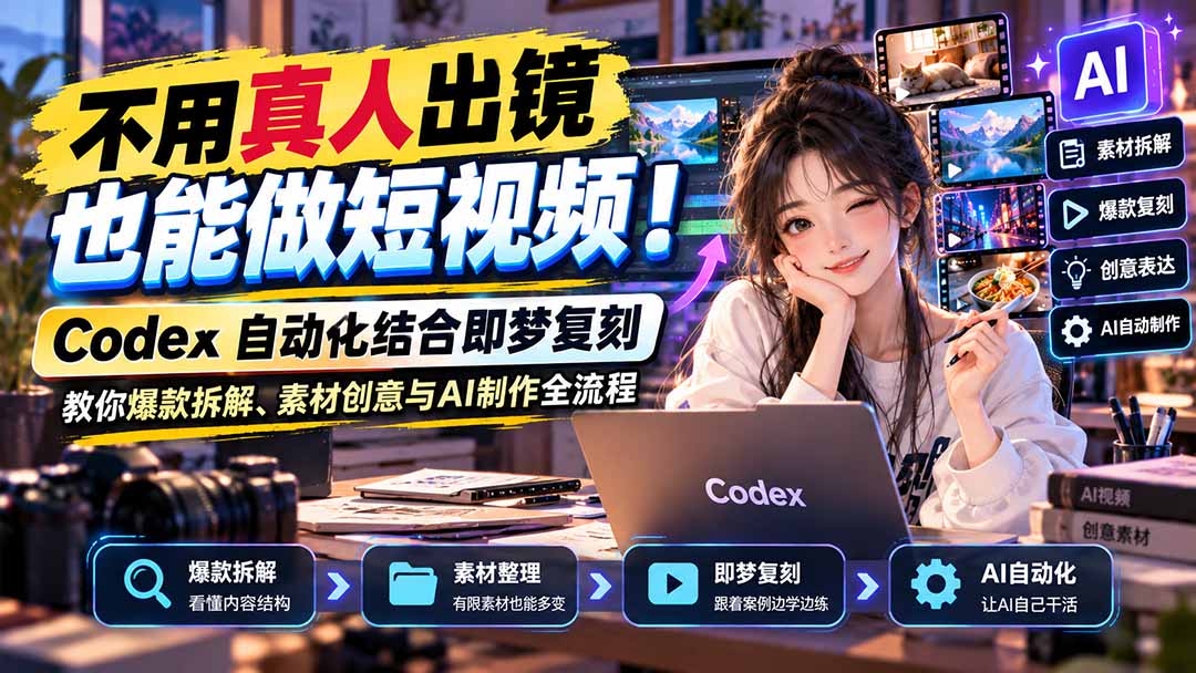 不用真人出镜也能做短视频！Codex自动化结合即梦复刻，教你爆款拆解、素材创意与AI制作全流程-智富思维学堂