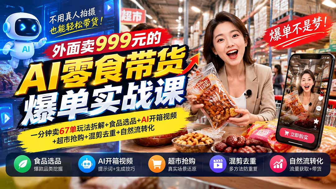 图片[2]-外面卖999元的AI零食带货爆单实战课｜一分钟卖67单玩法拆解+食品选品+AI开箱视频+超市抢购+混剪去重+自然流转化-智富思维学堂