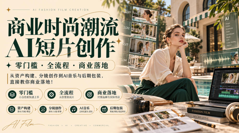 商业时尚潮流AI短片创作｜零门槛・全流程・商业落地，从资产构建、分镜创作到AI音乐与后期包装，直接教你商业落地！-智富思维学堂