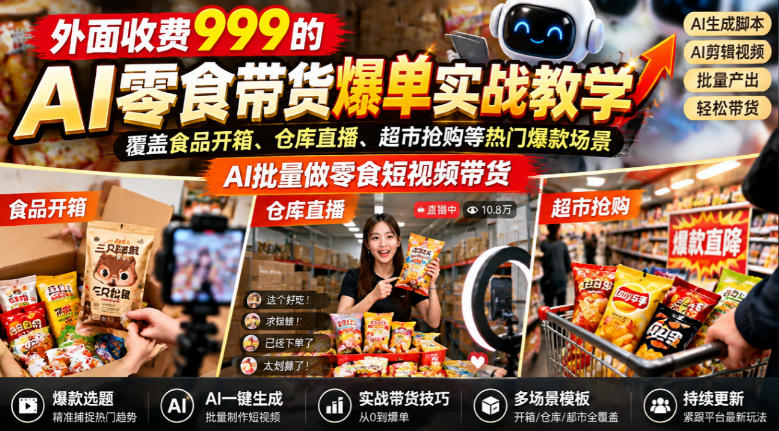 外面收费999的AI零食带货爆单实战教学,覆盖食品开箱、仓库直播、超市抢购等热门爆款场景,AI批量做零食短视频带货-智富思维学堂