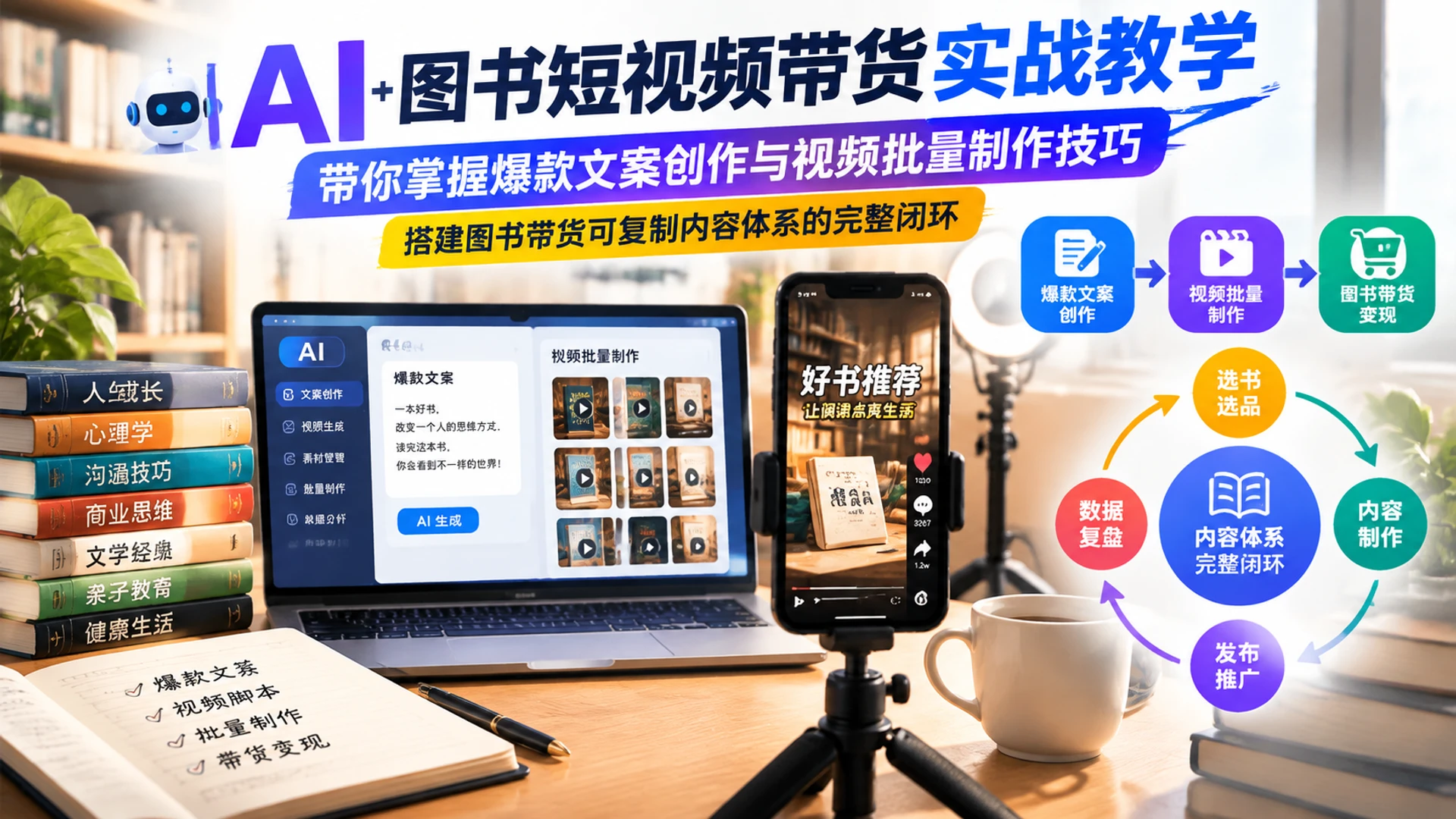 【精】AI图书短视频带货实战教学，带你掌握爆款文案创作与视频批量制作技巧，搭建图书带货可复制内容体系的完整闭环-智富思维学堂