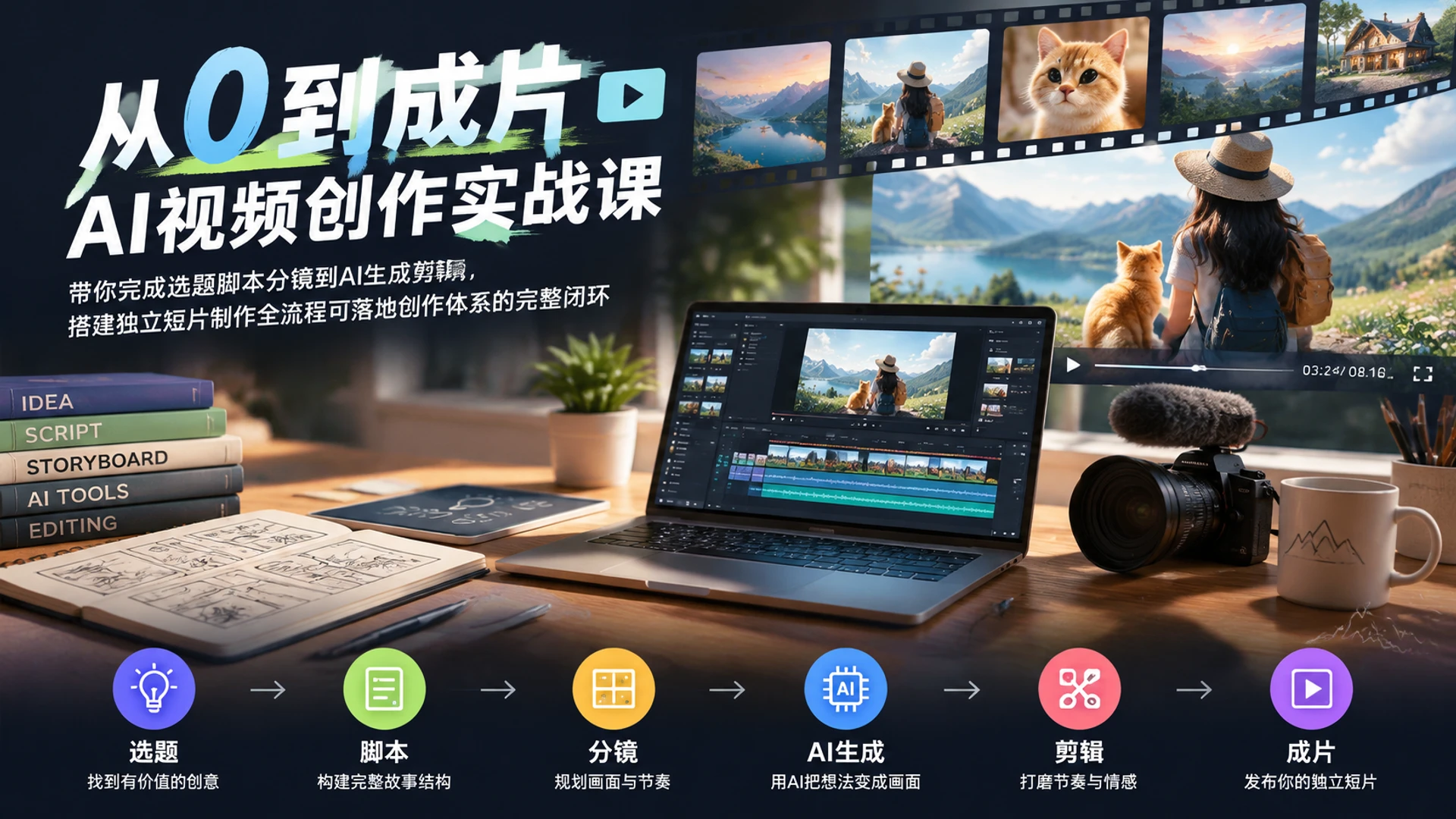 【精】从0到成片・AI视频创作实战课,带你完成选题脚本分镜到AI生成剪辑,搭建独立短片制作全流程可落地创作体系的完整闭环-智富思维学堂