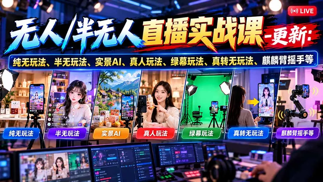 无人/半无人直播实战课-10月20更新:纯无玩法、半无玩法、实景AI、真人玩法、绿幕玩法、真转无玩法、麒麟臂摇手等-智富思维学堂