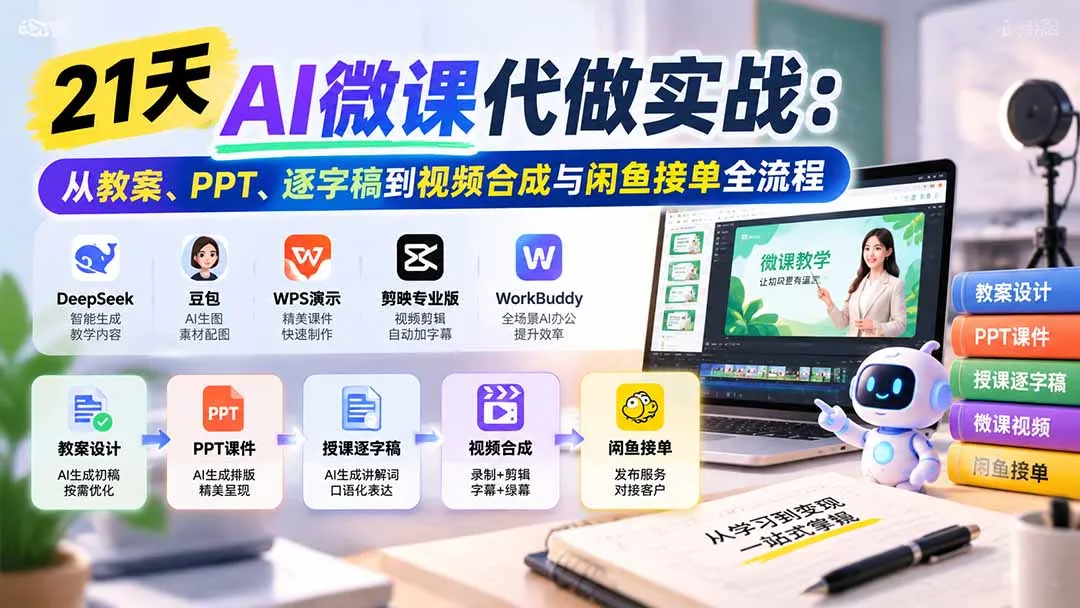 21天AI微课代做实战:从教案、PPT、逐字稿到视频合成与闲鱼接单全流程-智富思维学堂