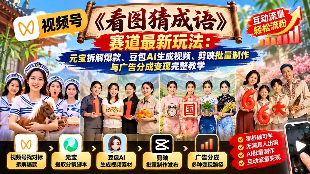 图片[2]-视频号《看图猜成语》赛道最新玩法：元宝拆解爆款、豆包AI生成视频、剪映批量制作与广告分成变现完整教学-智富思维学堂