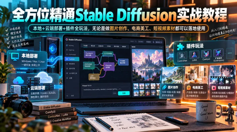 全方位精通Stable Diffusion实战教程|本地+云端部署+插件全玩法,无论是做图片创作、电商美工、短视频素材都可以落地使用-智富思维学堂
