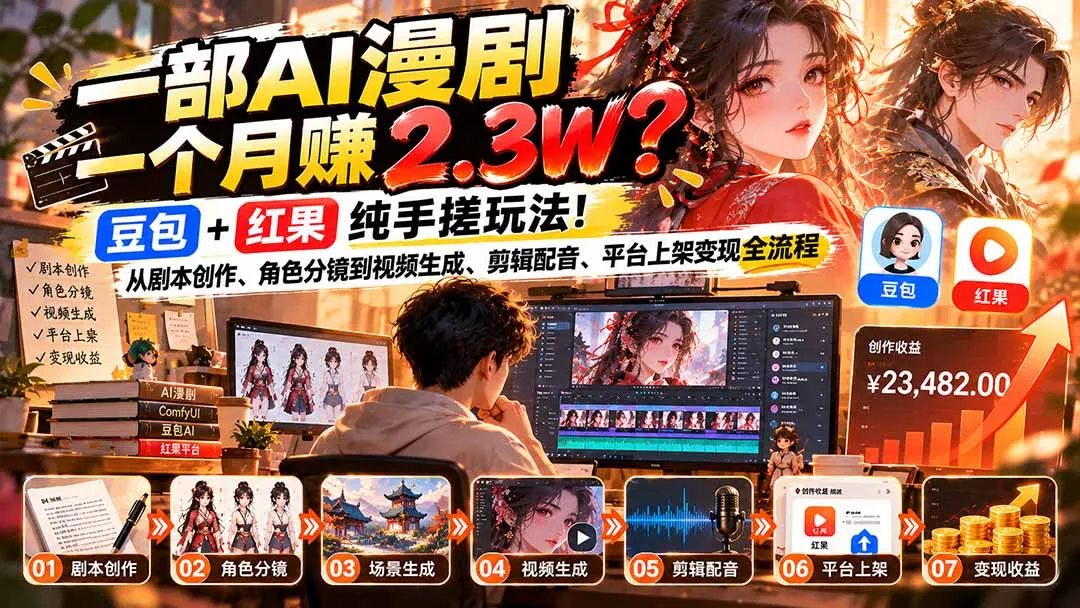 一部AI漫剧一个月赚2.3W?豆包+红果纯手搓玩法!从剧本创作、角色分镜到视频生成、剪辑配音、平台上架变现全流程-智富思维学堂