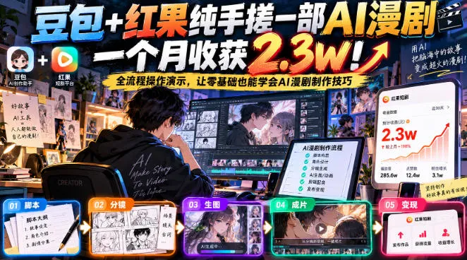豆包+红果纯手搓一部AI漫剧一个月收获2.3w!全流程操作演示,让零基础也能学会AI漫剧制作技巧-智富思维学堂