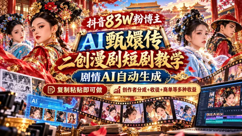 抖音83W粉博主AI甄嬛传二创漫剧短剧教学|剧情AI自动生成,复制粘贴即可做,各大平台创作者分成+收徒等多种收益-智富思维学堂