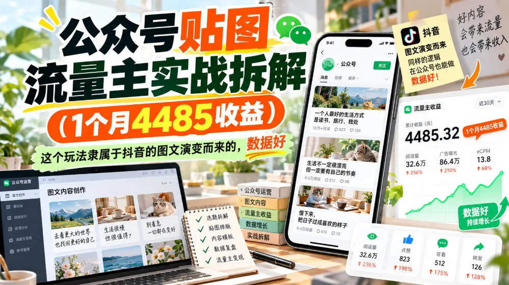 公众号贴图流量主实战拆解(1个月4485收益),这个玩法隶属于抖音的图文演变而来的,数据好-智富思维学堂