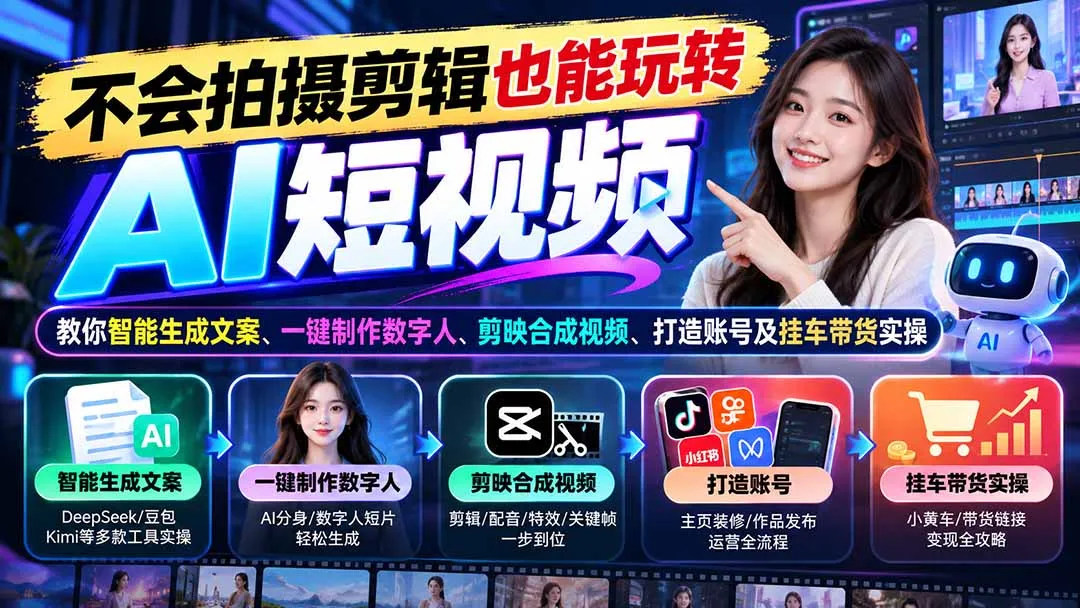 图片[2]-不会拍摄剪辑也能玩转AI短视频：教你智能生成文案、一键制作数字人、剪映合成视频、打造账号及挂车带货实操-智富思维学堂