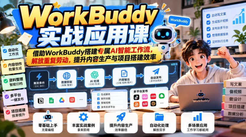 WorkBuddy实战应用课,借助WorkBuddy搭建专属AI智能工作流,解放重复劳动,提升内容生产与项目搭建效率-智富思维学堂