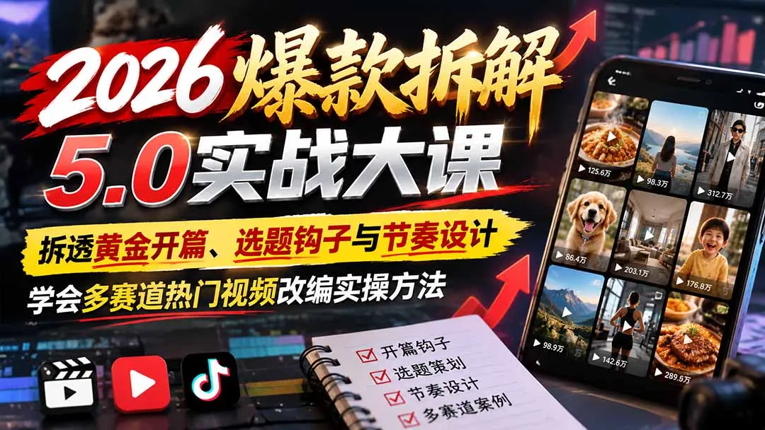 2026爆款拆解5.0实战大课：拆透黄金开篇、选题钩子与节奏设计，学会多赛道热门视频改编实操方法-智富思维学堂