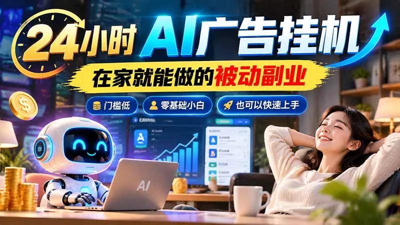 24小时AI广告挂机｜在家就能做的被动副业，门槛低，零基础小白也可以快速上手-智富思维学堂