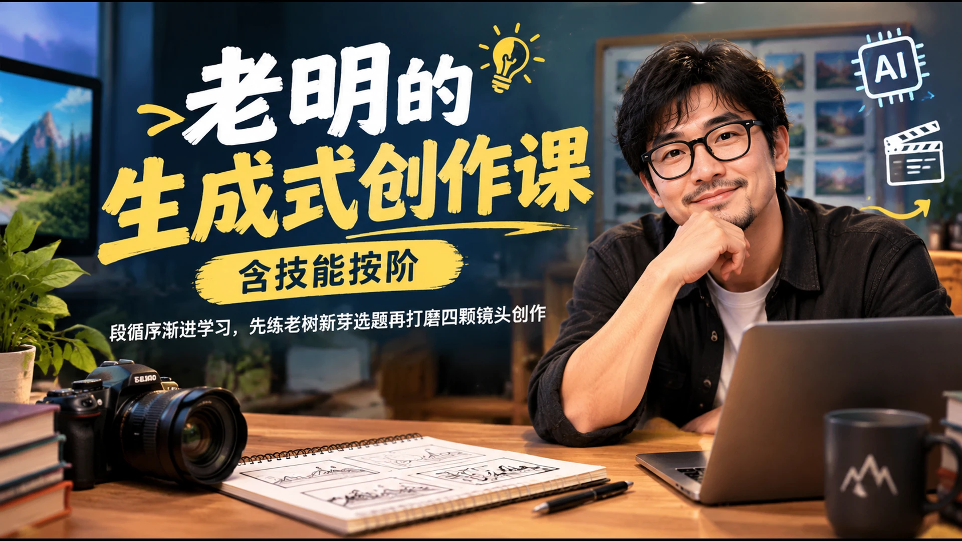 【精】老明的生成式创作课含技能按阶段循序渐进学习,先练老树新芽选题再打磨四颗镜头创作-智富思维学堂
