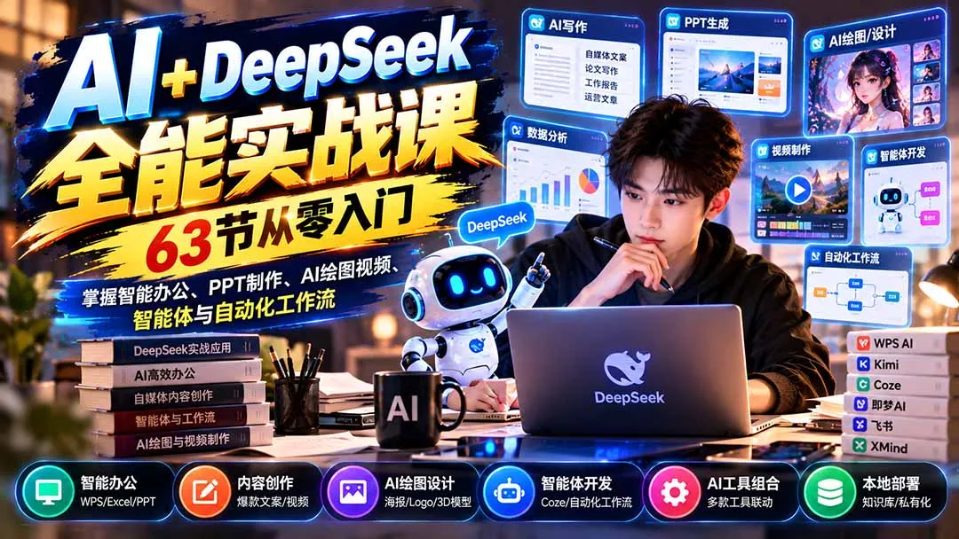 AI+DeepSeek全能实战课:63节从零入门,掌握智能办公、PPT制作、AI绘图视频、智能体与自动化工作流-智富思维学堂