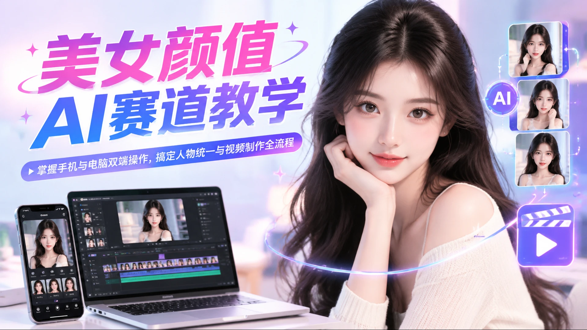 【精】美女颜值AI赛道教学,掌握手机与电脑双端操作,搞定人物统一与视频制作全流程-智富思维学堂