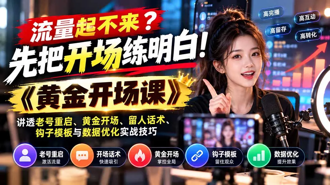 流量起不来？先把开场练明白！《黄金开场课》讲透老号重启、黄金开场、留人话术、钩子模板与数据优化实战技巧-智富思维学堂