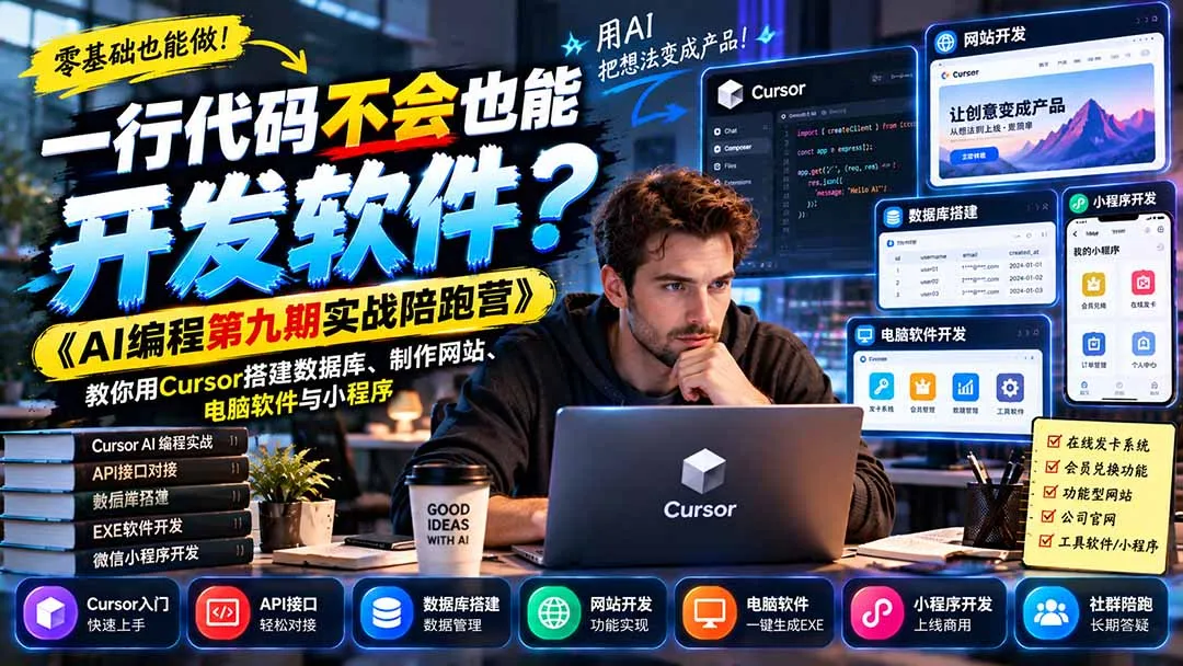 一行代码不会也能开发软件?《AI编程第九期实战陪跑营》教你用Cursor搭建数据库、制作网站、电脑软件与小程序-智富思维学堂