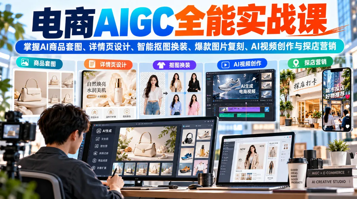 电商AIGC全能实战课:掌握AI商品套图、详情页设计、智能抠图换装、爆款图片复刻、AI视频创作与探店营销-智富思维学堂