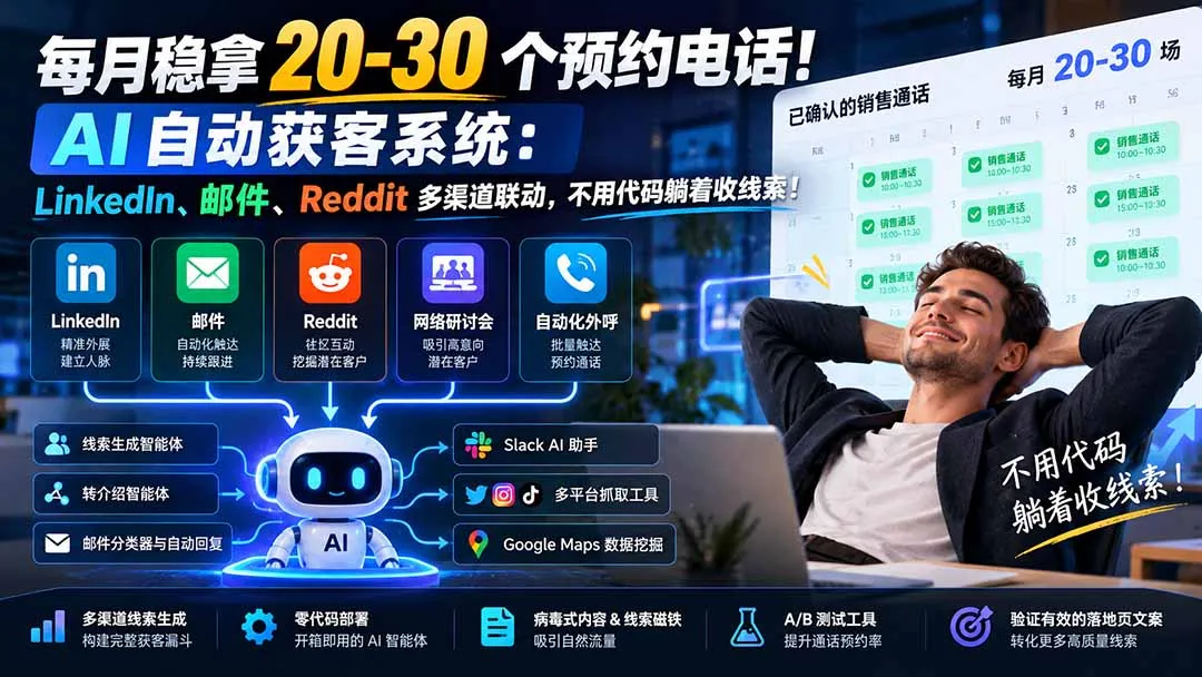 每月稳拿 20-30 个预约电话!AI 自动获客系统:LinkedIn、邮件、Reddit 多渠道联动,不用代码躺着收线索!-智富思维学堂